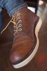 old brown boot leather shoes, close-up image