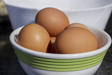 Chicken eggs with brown eggshell into a white and green bowl