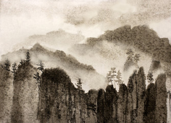 Chinese painting gloomy cliffs and mist