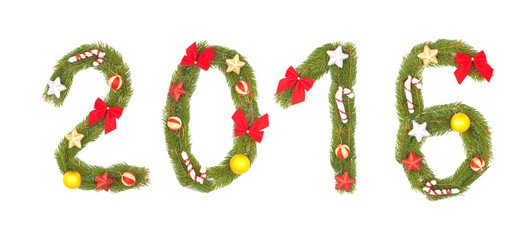 2016 number written by christmas tree branches