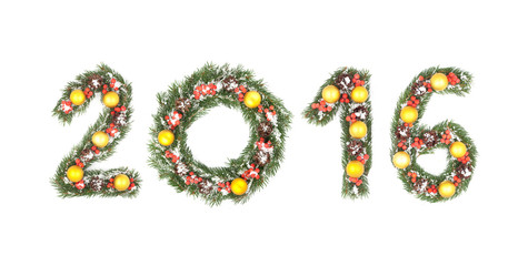2016 number written by christmas tree branches