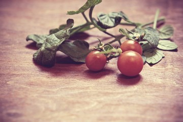 cherry tomatoes on rustic wooden background