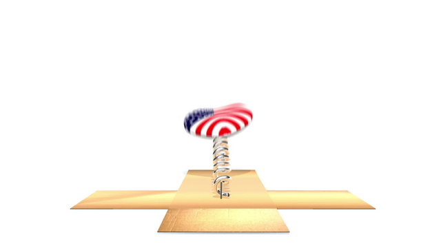Cardboard box opens to reveal United States flag on a heart, bouncing out in the style of a Jack in the Box.