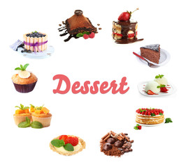 Collage of desserts isolated on white