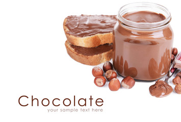 Sweet chocolate cream in jar isolated on white