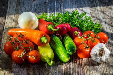 Fresh Vegetables and Herbs on a Table