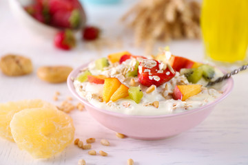 Healthy breakfast with homemade oatmeal, close up