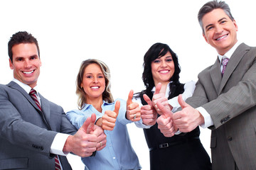 Happy business people with thumbs.