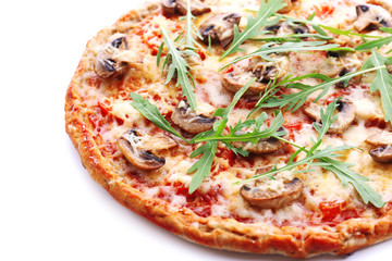 Tasty pizza with vegetables and arugula close up