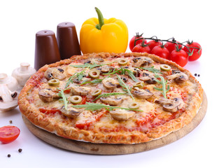 Tasty pizza with vegetables and arugula isolated on white