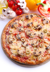 Tasty pizza with vegetables close up