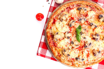 Tasty pizza with vegetables and napkin isolated on white