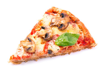 Slice of tasty pizza with vegetables and basil isolated on white