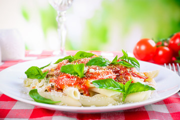 Pasta with tomato sauce on bright background