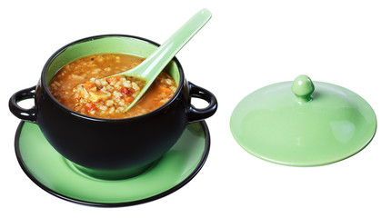 soup tureen, spoon, isolate