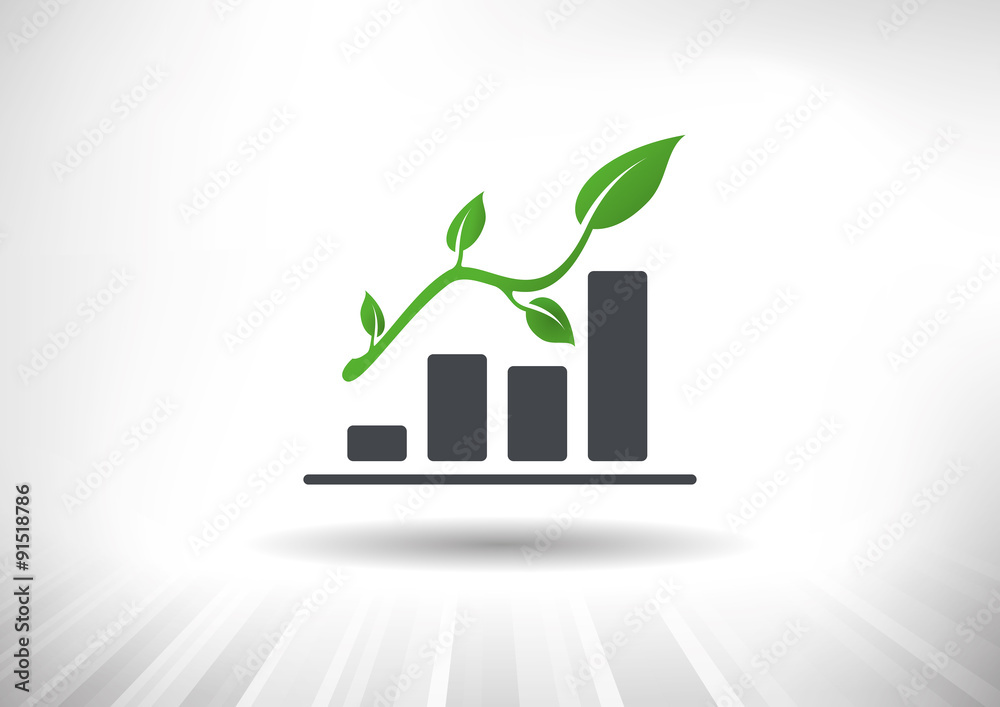 Wall mural sustainable green growth icon. concept showing rising bar chart with green twig with leaves as arrow