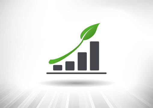 Sustainable Green Growth Icon. Concept Showing Rising Bar Chart With Green Leaf As Arrow. Background And Graph Layered For Easy Customization. Fully Scalable Vector Illustration.