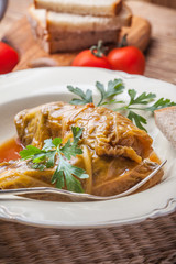 Dish of cabbage stuffed with meat.