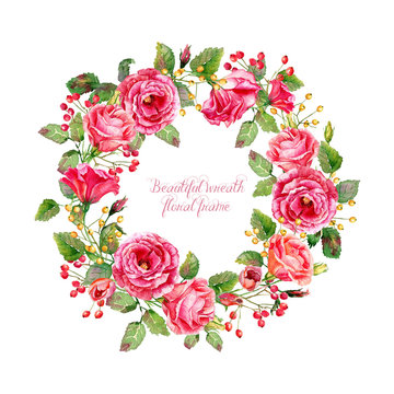 Round frame of red watercolor roses and berries. Illustration wreath of flowers. Can be used for background of Valentine's day, birthday, mother's day or any other design. Monochrome.