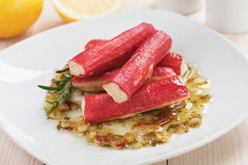 Crab sticks skewer and french fries