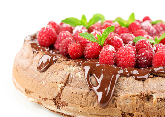 Cake with Chocolate Glaze and raspberries isolated on white
