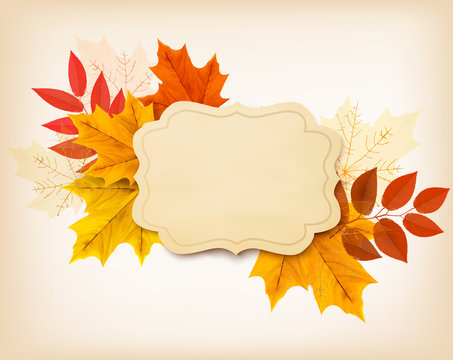 Autumn background with a vintage card and colorful leaves. Vecto