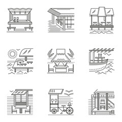 Thin line style cafe and bungalows icons