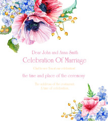 Frame with flowers. Invitation card.  Watercolor blue hydrangea, red poppies. Illustration of flowers. Can be used as a greeting card.