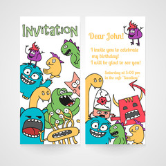 Card with abstract monsters pattern. Invitation for birthday. 