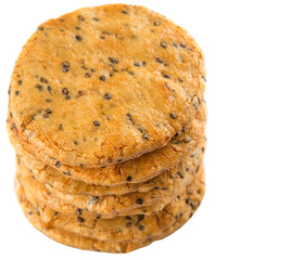 Japanese rice crackers, locally known as senbei over white background