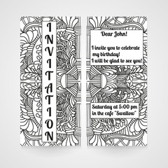 Card with hand drawn doodle pattern. Invitation for birthday. 