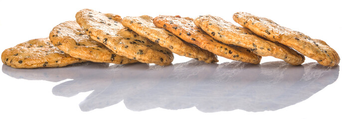 Japanese rice crackers, locally known as senbei over white background