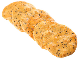 Japanese rice crackers, locally known as senbei over white background