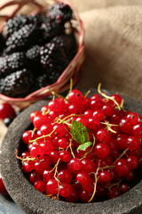 Forest berries in bowls on wooden background