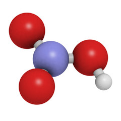 Nitric acid (HNO3) strong mineral acid molecule.