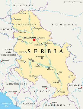Serbia political map with capital Belgrade, national borders, important cities, rivers and lakes. English labeling and scaling. Illustration.
