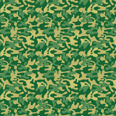 Naklejka premium Seamless military camouflage pattern. The woodland pattern consists of dark green, forest green, light khaki and khaki colors - Vector and illustration