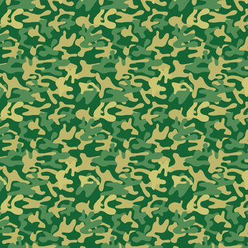 Seamless military camouflage pattern. The woodland pattern consists of dark green, forest green, light khaki and khaki colors - Vector and illustration