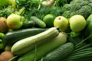 Green fruits and vegetables background