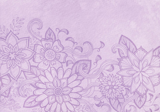 hand drawn flower design, elegant fancy floral doodle pattern with fancy curls and line design elements on pastel purple background paper or parchment, flower art border craft idea