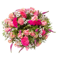 Bouquet of flowers top view isolated on white