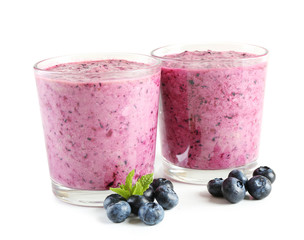 Glasses of blueberry smoothie, closeup