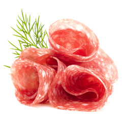 Salami sausage slices isolated on white background cutout