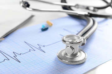 Stethoscope on cardiogram  sheet, closeup