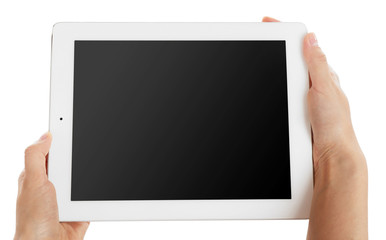Female hands holding tablet with blank screen isolated on white