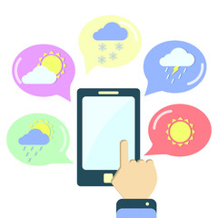 Meteorology application on the cellphone. Balloons with weather icons. White background.
