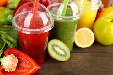 Fresh juice mix fruit, healthy drinks on wooden table background