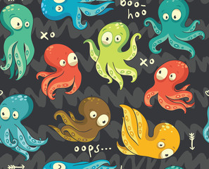 Octopuses in cartoon seamless pattern