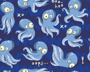 Octopuses in cartoon seamless pattern