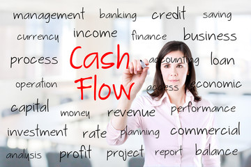 Young business woman writing cash flow concept. Office background.